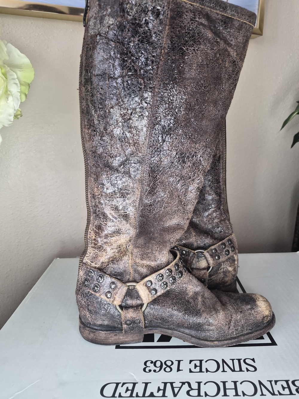 Frye Brown Distressed Leather Studded Harness Knee Boots - Picture 6 of 8